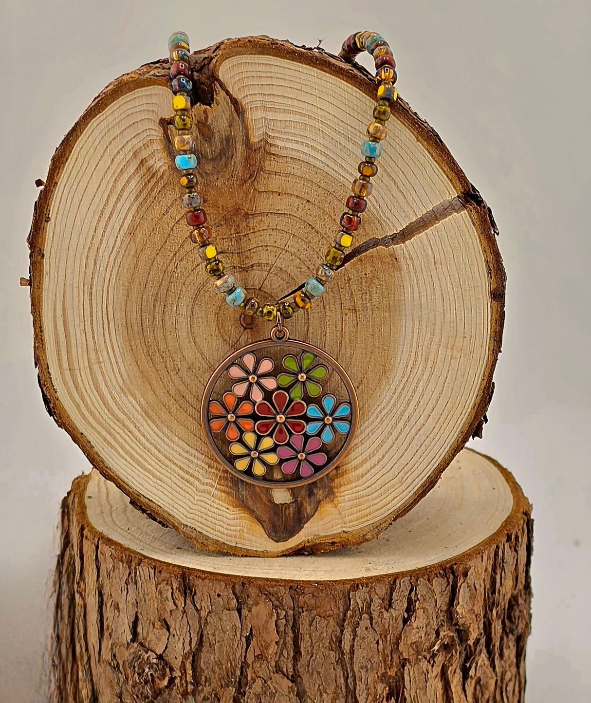 Contemporary Artisan Boho Picasso Glass Bead Enamel Flower Pendant Necklace, 21 7/8"