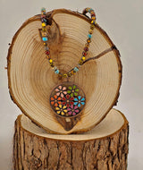 Contemporary Artisan Boho Picasso Glass Bead Enamel Flower Pendant Necklace, 21 7/8"