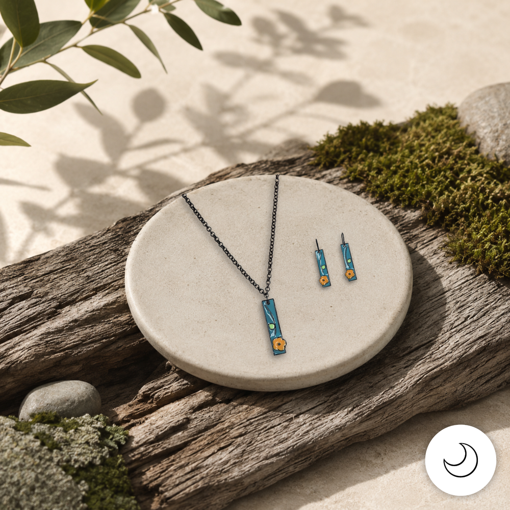 Contemporary Artisan Teal Tangerine Daisy Enameled Pendant Necklace & Earring Set