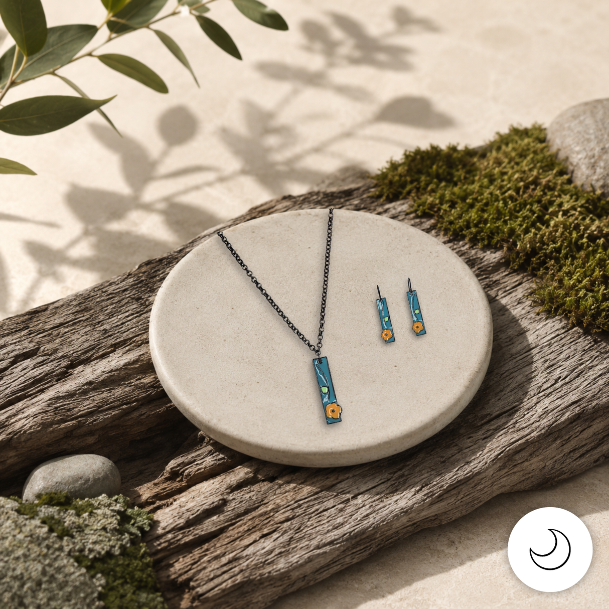 Contemporary Artisan Teal Tangerine Daisy Enameled Pendant Necklace & Earring Set