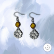 Handmade sunflower drop earrings with yellow and brown Picasso glass beads, silver-tone floral charms, and hypoallergenic surgical steel ear wires.