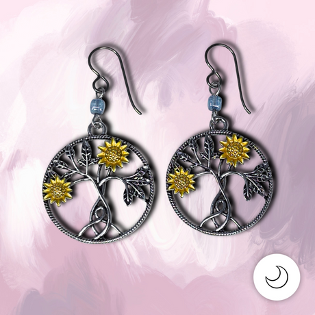 Handmade golden daisy earrings featuring silver-tone botanical branches, blue bead accents, and hypoallergenic niobium ear wires