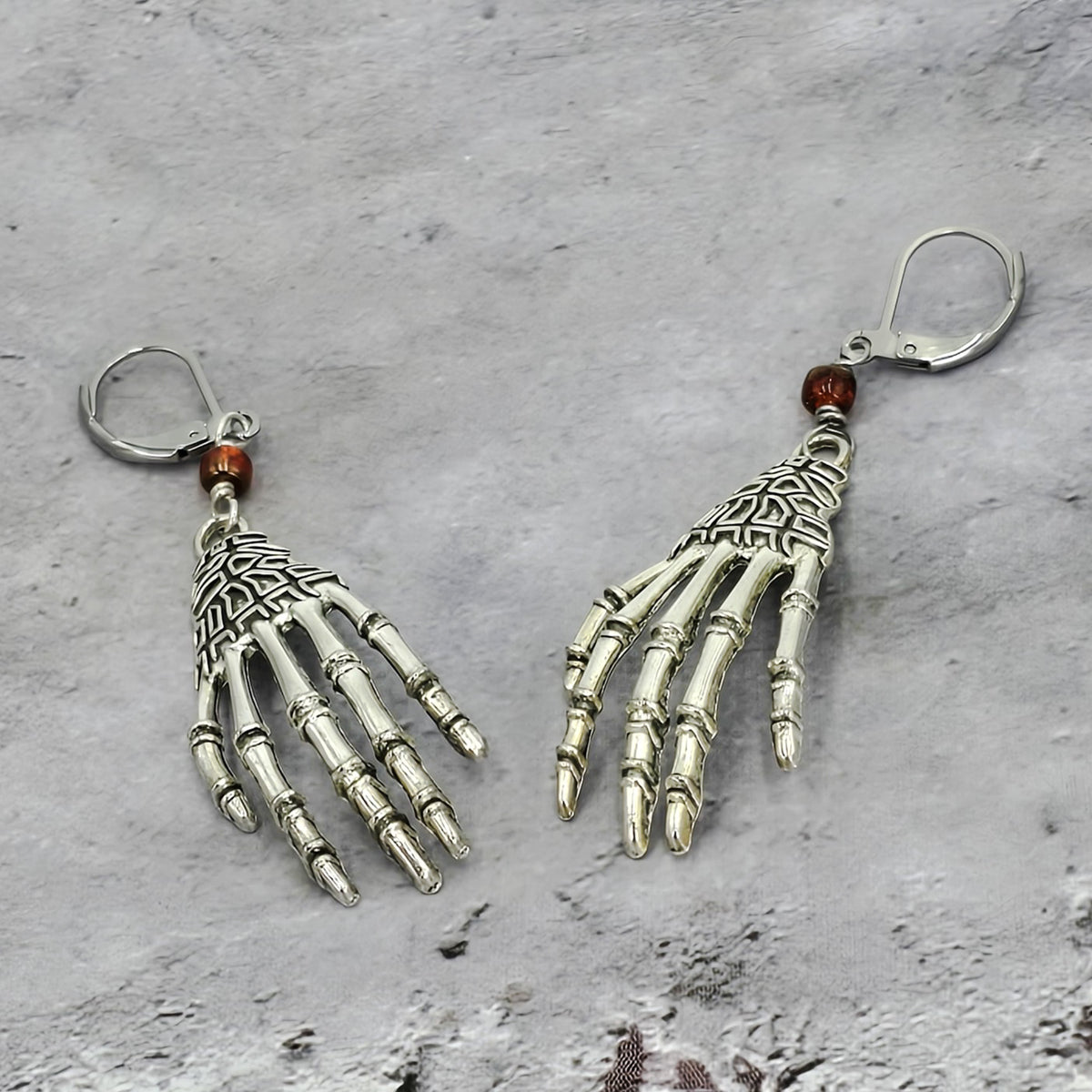 Spooky Skeletal Hand Earrings with Blood Red Picasso Glass