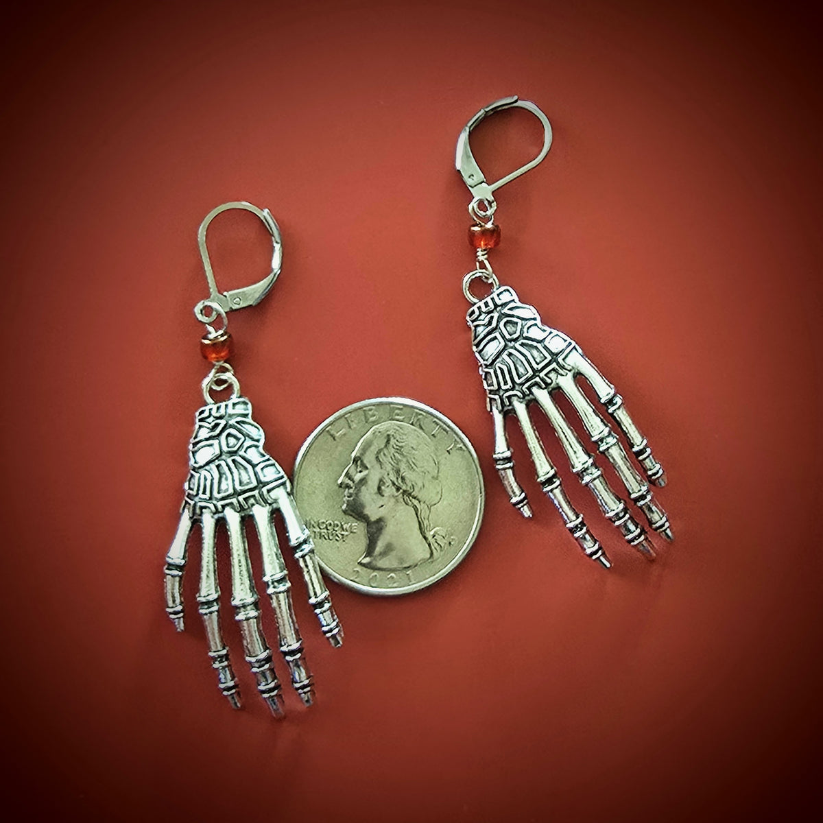 Spooky Skeletal Hand Earrings with Blood Red Picasso Glass