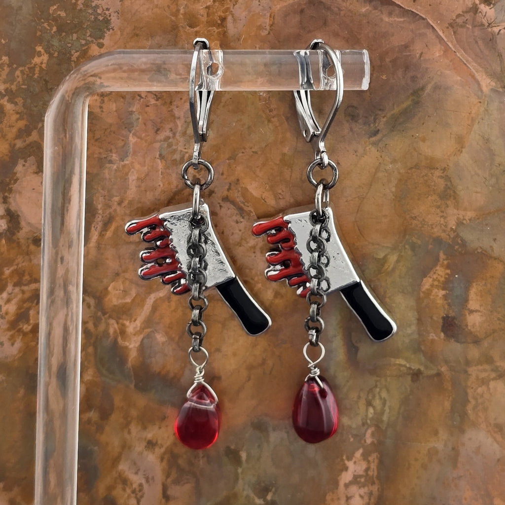 Bloody Halloween Cleaver Earrings with Red "Blood" Droplet, Hypoallergenic!