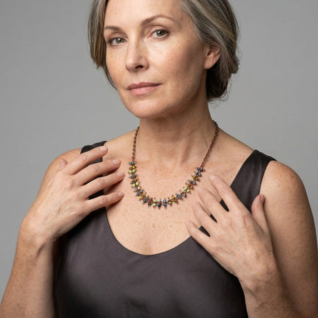 Colorful Necklace with Picasso Glass Stations on Antiqued Copper Chain