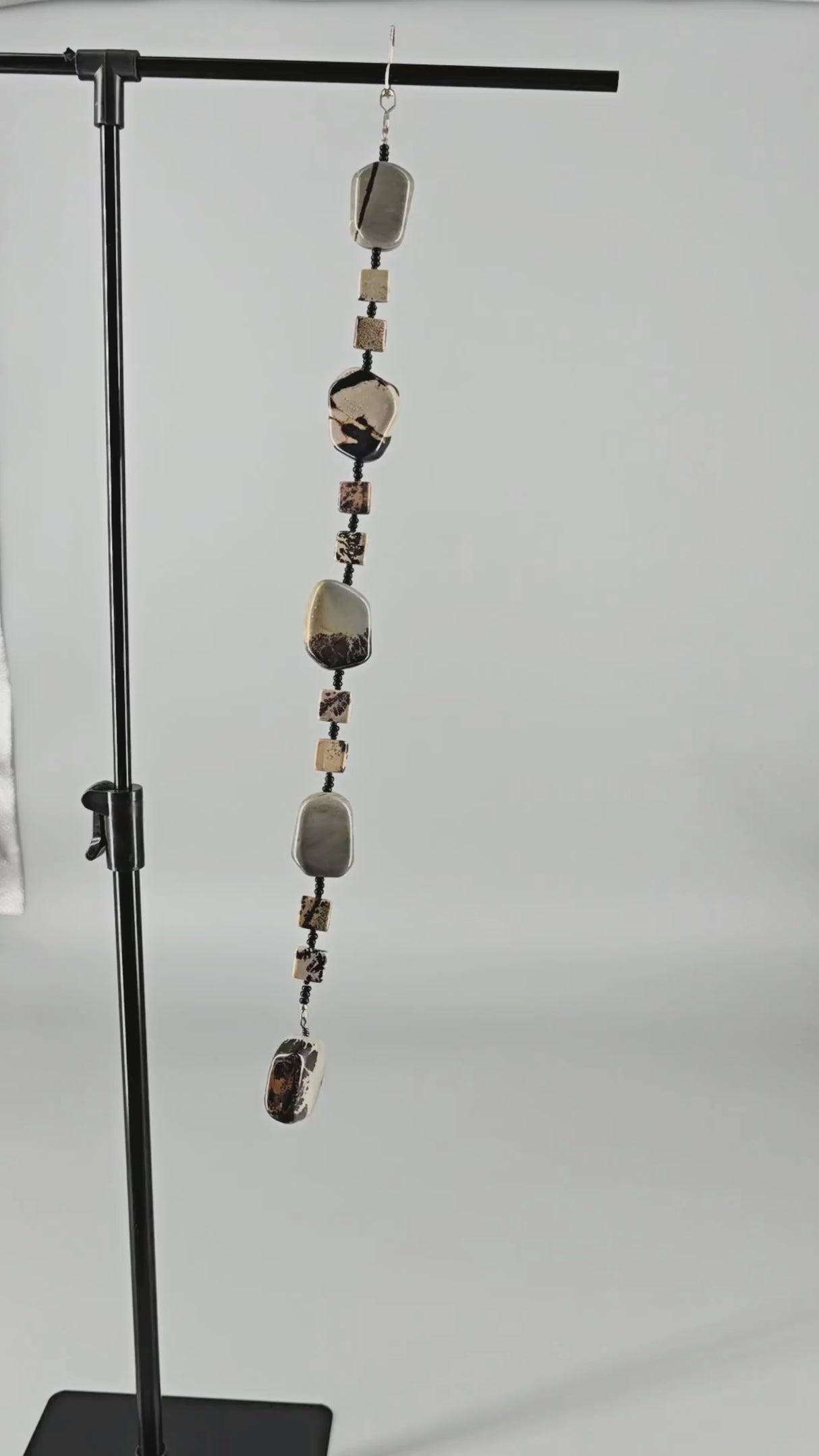 Fan or Light Pull - Agate in Grey, Tan, Black, and Brown with Matte Black Czech Glass