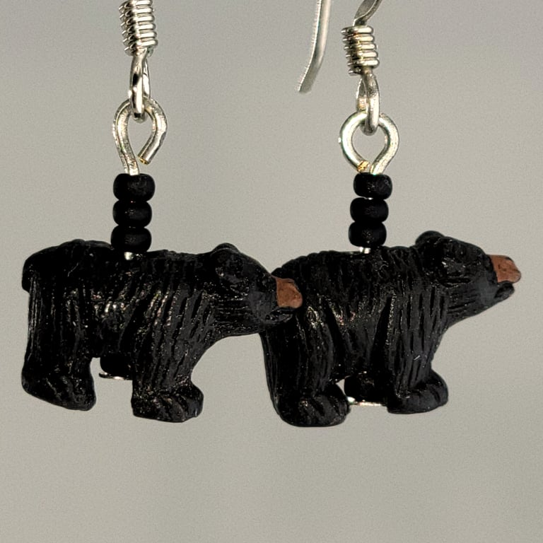 Handmade, hypoallergenic earrings with tiny ceramic black bears 