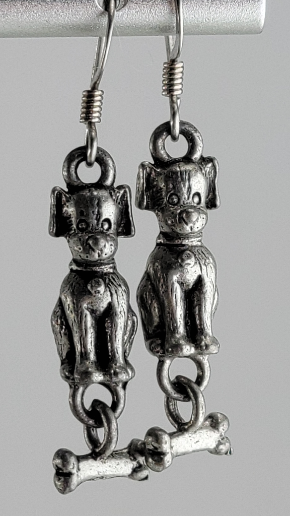 Handmade, hypoallergenic earrings with happy dog and his bone, pewter colored 