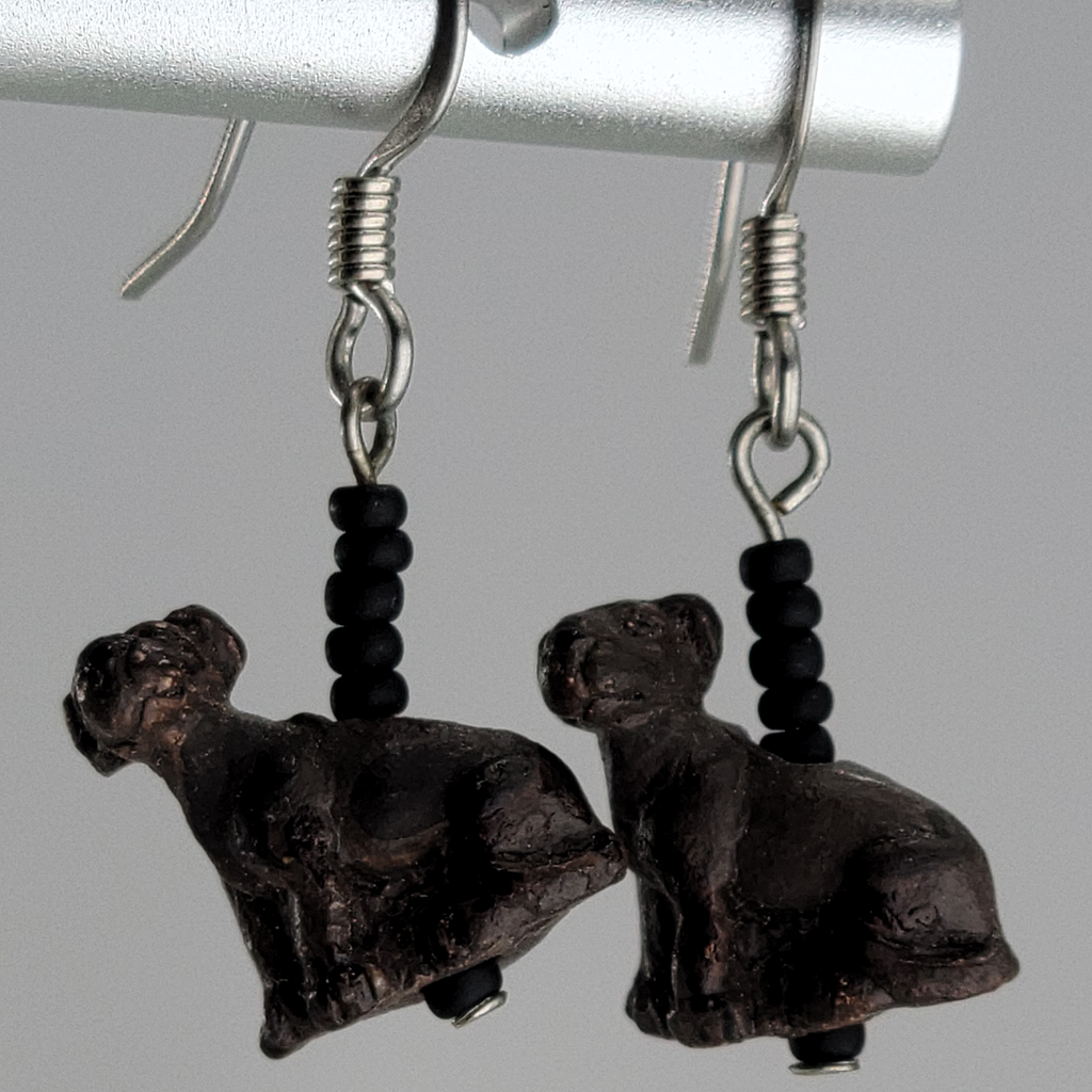 Handmade, hypoallergenic earrings with tiny ceramic chocolate lab dogs 