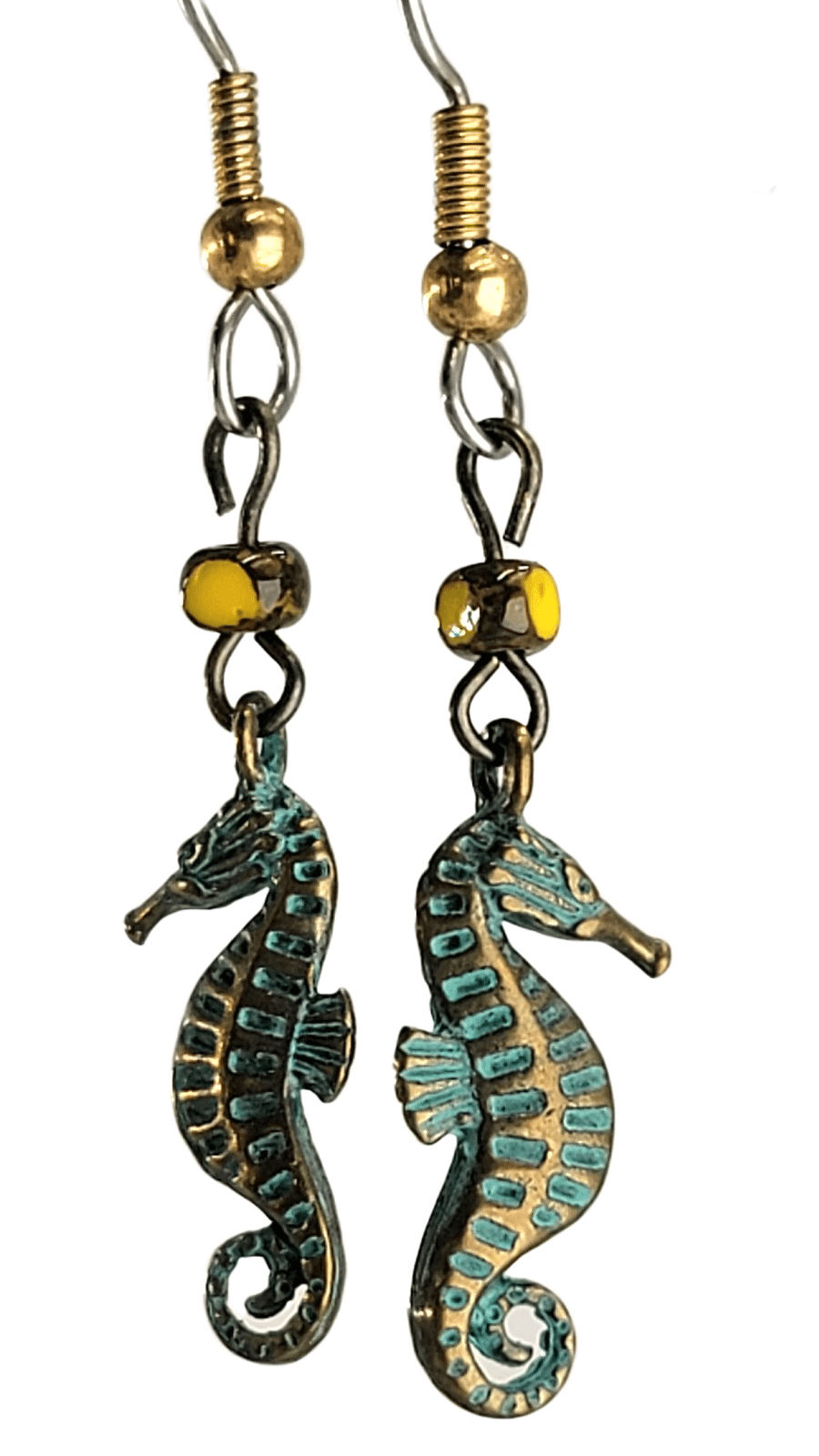 Handmade Earrings with Green Seahorses and Yellow Bead, Hypoallergenic