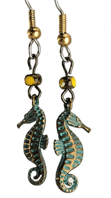 Handmade Earrings with Green Seahorses and Yellow Bead, Hypoallergenic