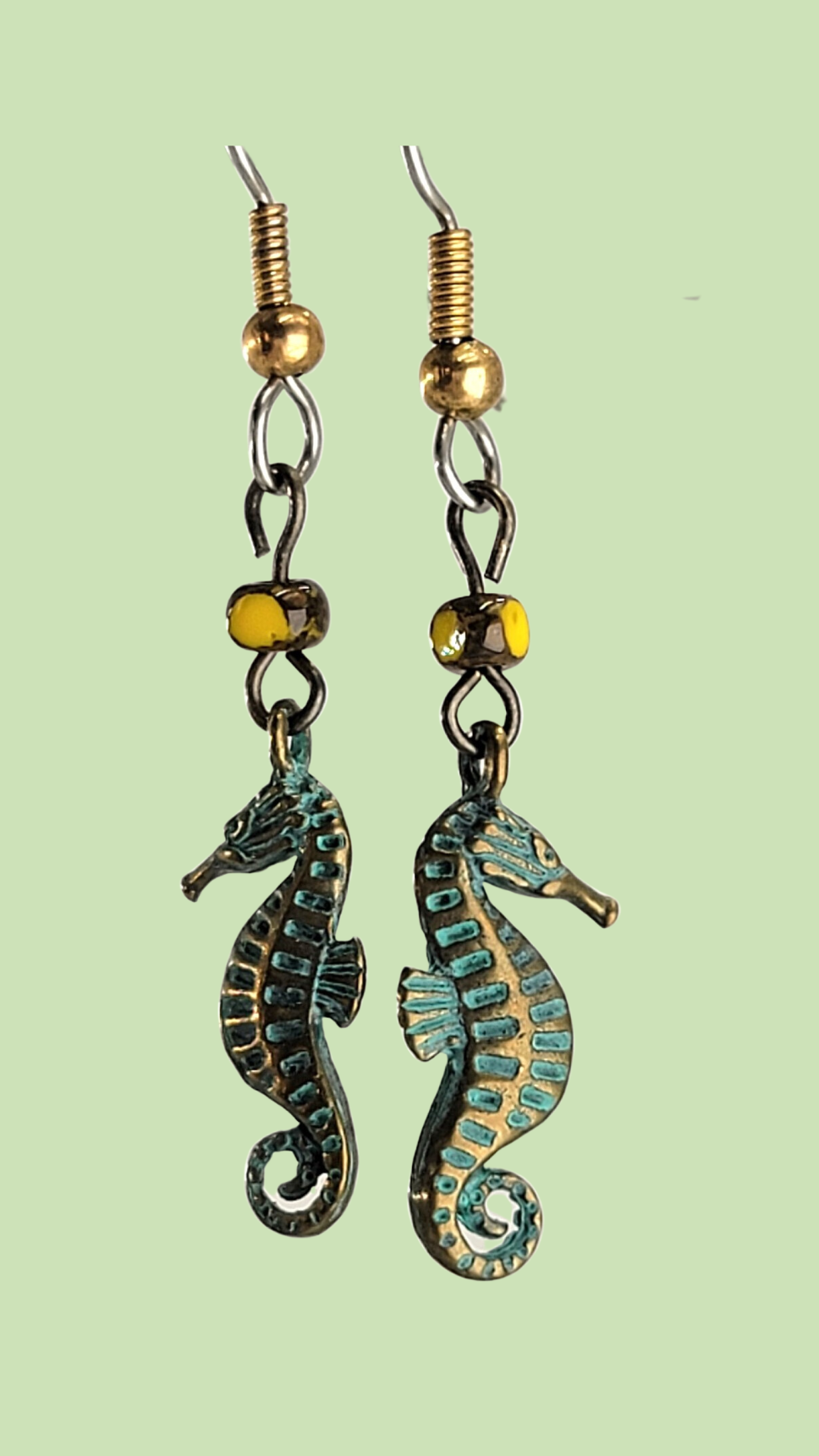 Handmade Earrings with Green Seahorses and Yellow Bead, Hypoallergenic