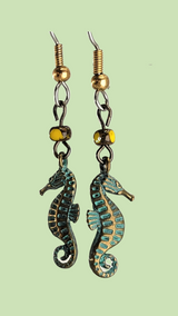Handmade Earrings with Green Seahorses and Yellow Bead, Hypoallergenic