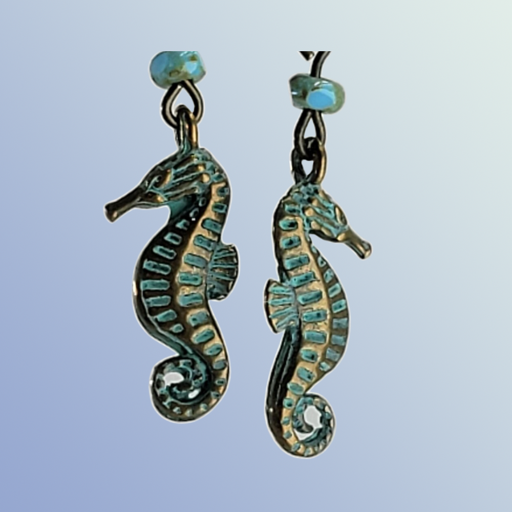 Handmade Earrings with Green Seahorses and Teal Beads, Hypoallergenic
