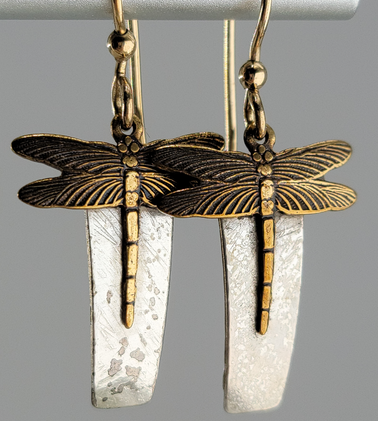 Dragonfly Earrings on Gold Filled Ear Wires, Bronze on Hammered Silver