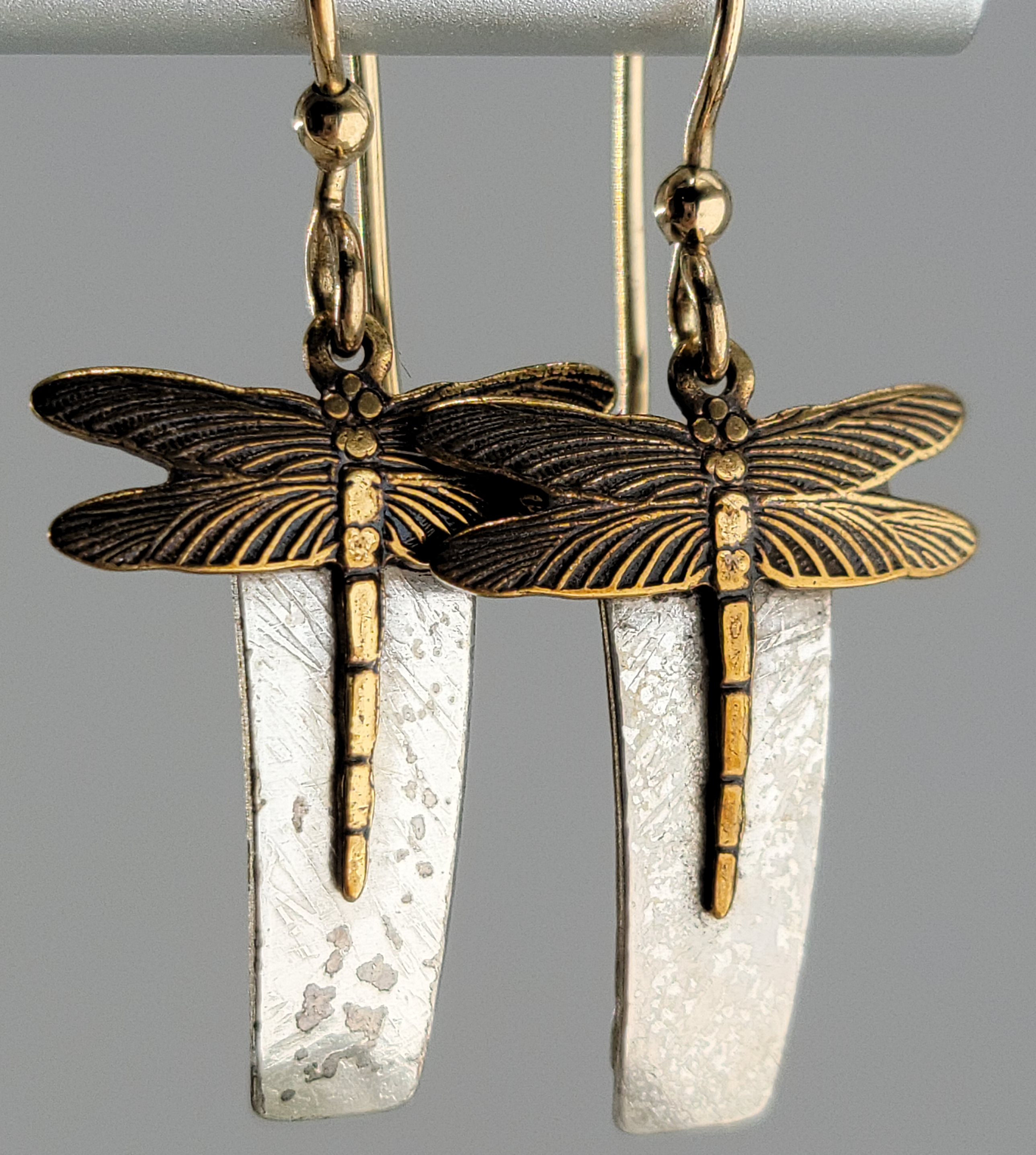 Dragonfly Earrings on Gold Filled Ear Wires, Bronze on Hammered Silver