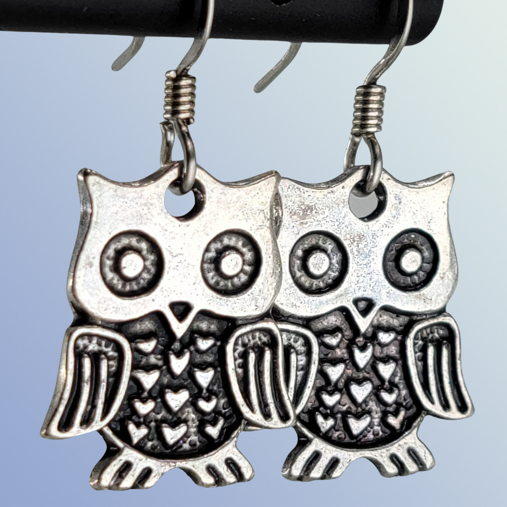 Whimsical pewter owl dangle earrings, hypoallergenic