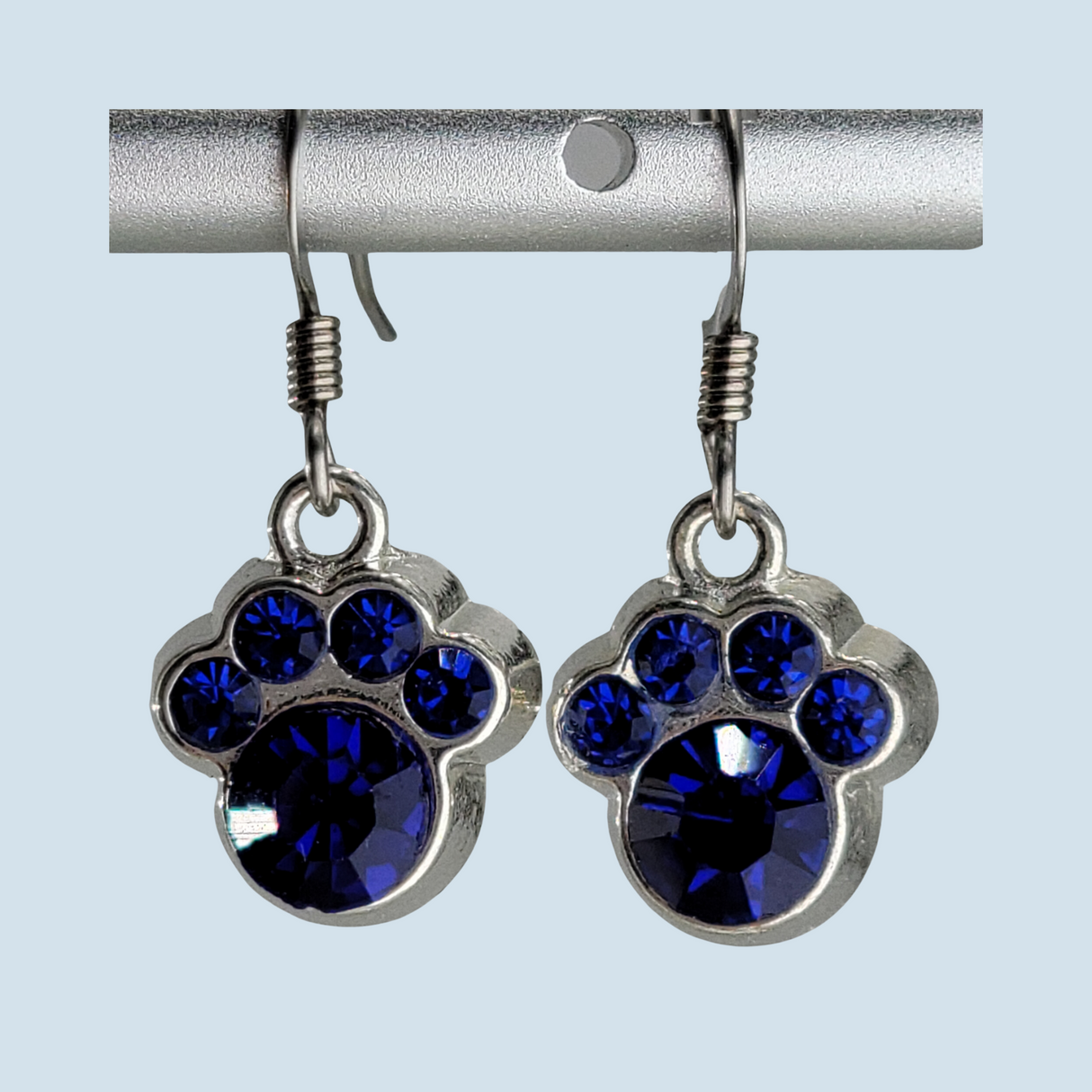 Hypoallergenic Crystal Paw Print Earrings, Cobalt Blue
