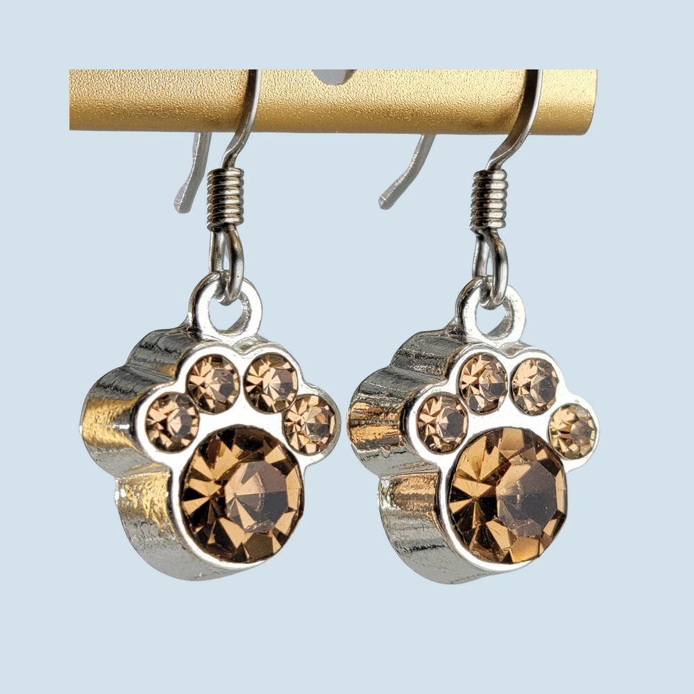 Crystal Paw Print Earrings, Topaz