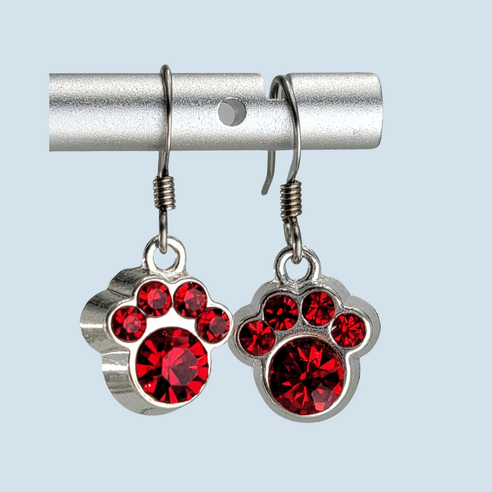 Crystal Paw Print Earrings, Red
