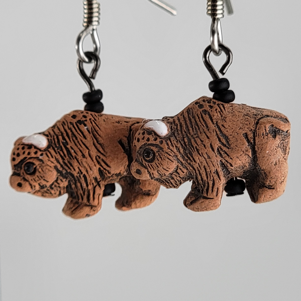 Tiny ceramic brown bison charm earrings