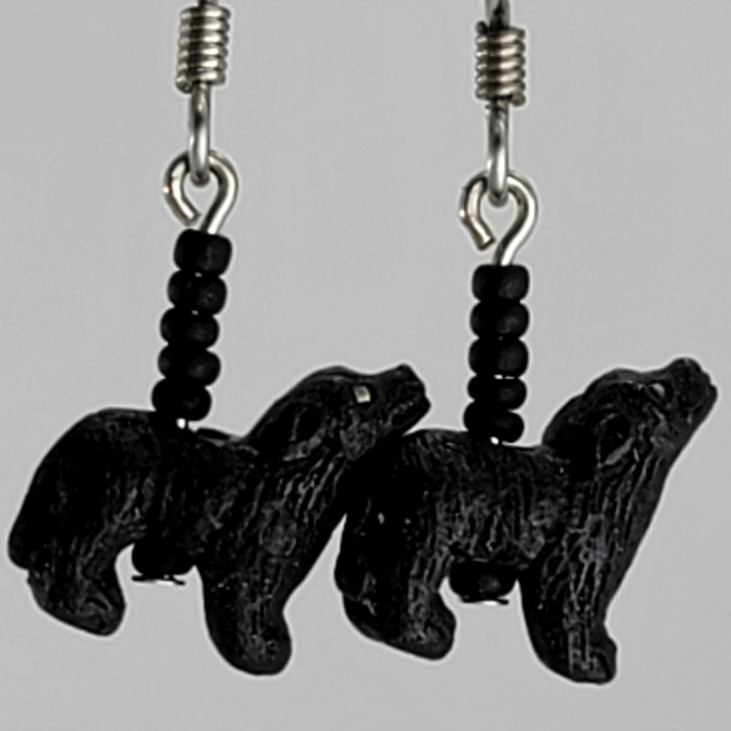 Tiny ceramic howling black wolf charm earrings