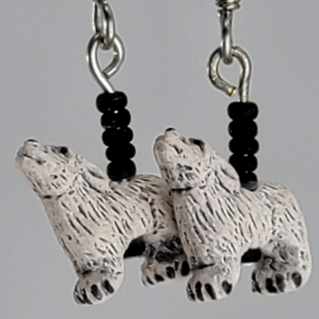 Tiny ceramic howling white wolf charm earrings