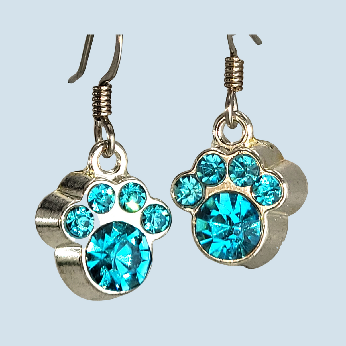 Crystal Paw Print Earrings, Light Teal