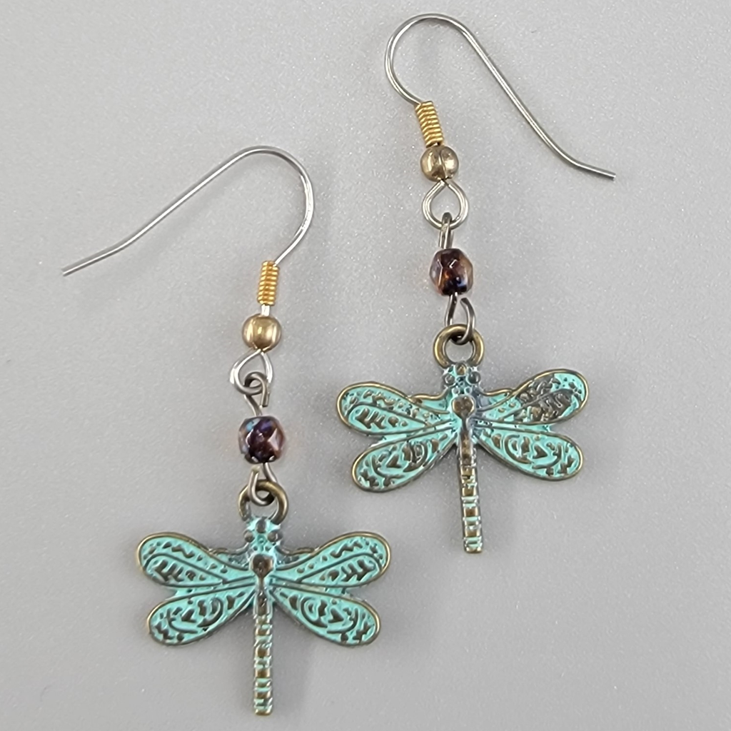 Tiny green dragonfly earrings with green and deep purple Picasso glass beads