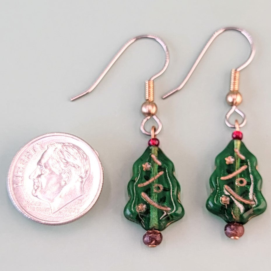 Hypoallergenic Christmas tree earrings featuring green and gold glass Christmas tree and red glass accent beads