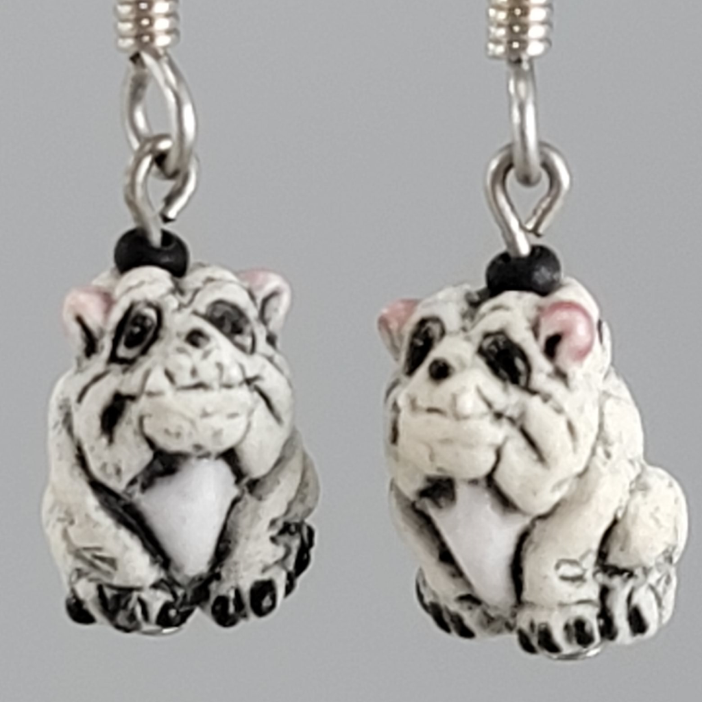 Tiny ceramic white bulldog charm earrings
