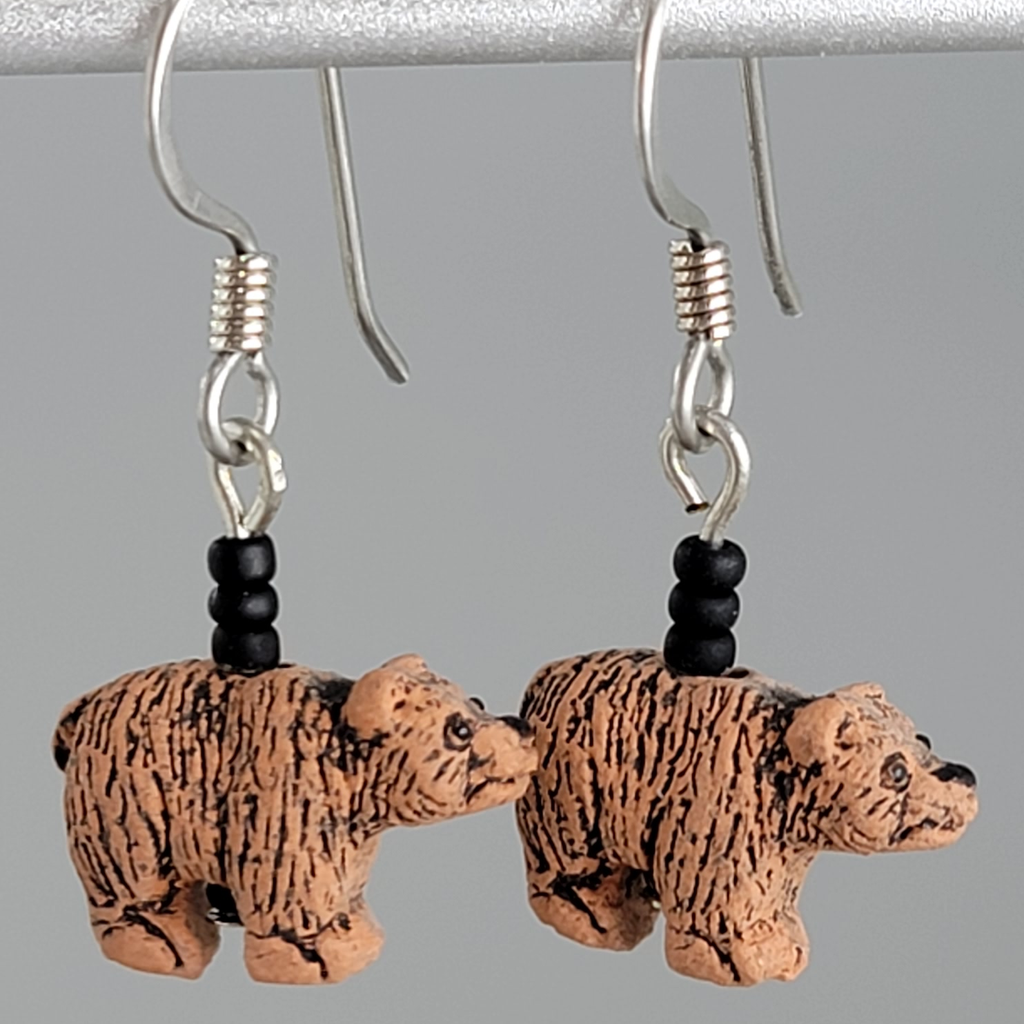 Tiny ceramic brown grizzly bear charm earrings