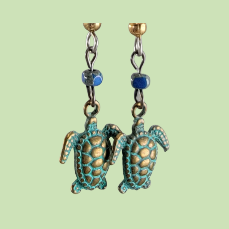 Handmade Sea Turtle Drop Earrings with Blue Picasso Glass Beads