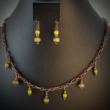 Handmade necklace and hypoallergenic earring set with copper chain, lime green beads