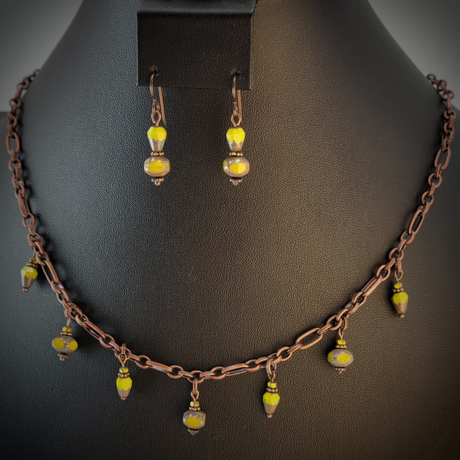 Handmade necklace and hypoallergenic earring set with copper chain, lime green beads