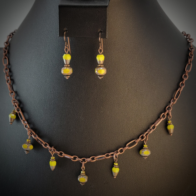 Handmade necklace and hypoallergenic earring set with copper chain, lime green beads