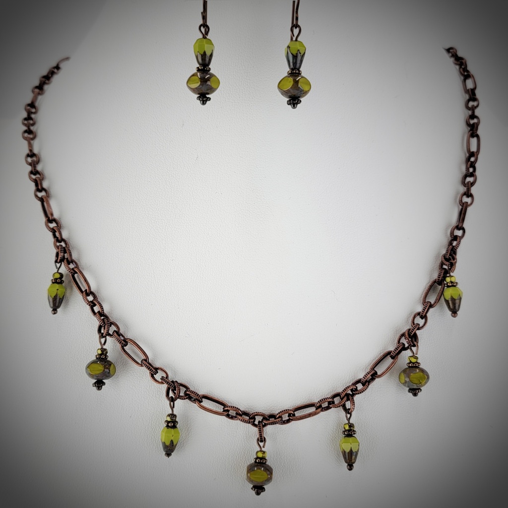 Handmade necklace and hypoallergenic earring set with copper chain, lime green beads