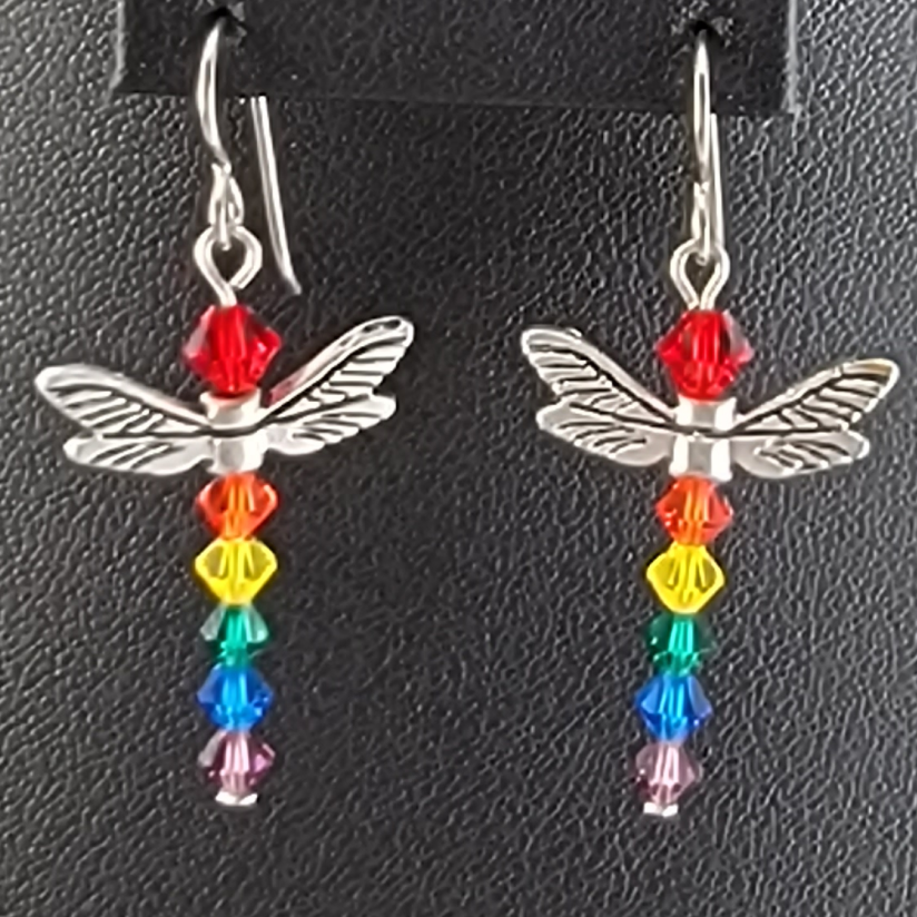 Dragonfly earrings with pewter wings and body of crystal beads in multiple colors