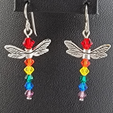 Dragonfly earrings with pewter wings and body of crystal beads in multiple colors