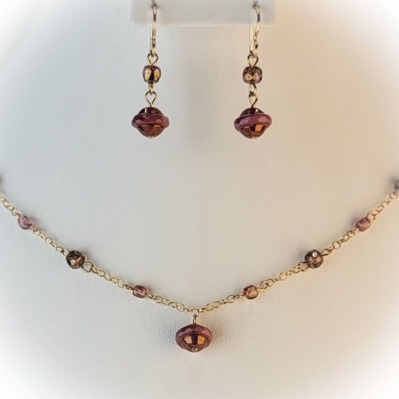 Gold Filled Chain Necklace and Earring Set with Pink Picasso Glass Saucer Beads