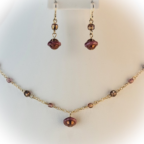 Gold Filled Chain Necklace and Earring Set with Pink Picasso Glass Saucer Beads