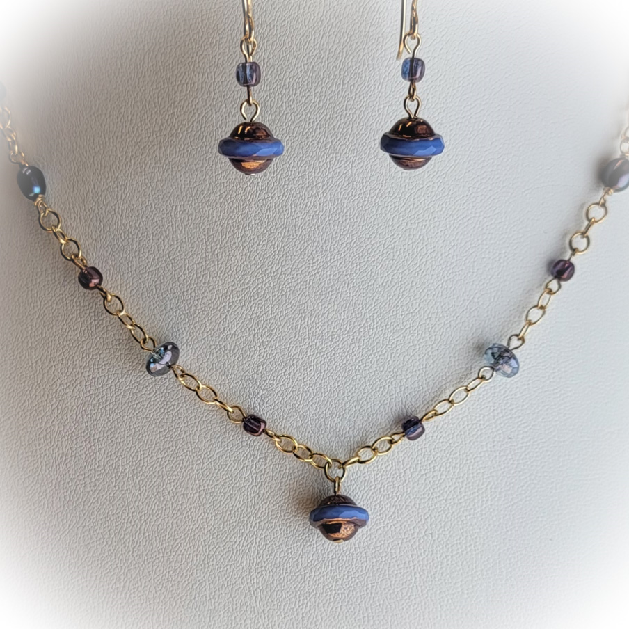 Gold Filled Chain Necklace and Earring Set, Blue Freshwater Pearls, Blue Czech Glass Saucer Beads