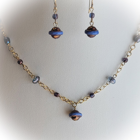Gold Filled Chain Necklace and Earring Set, Blue Freshwater Pearls, Blue Czech Glass Saucer Beads