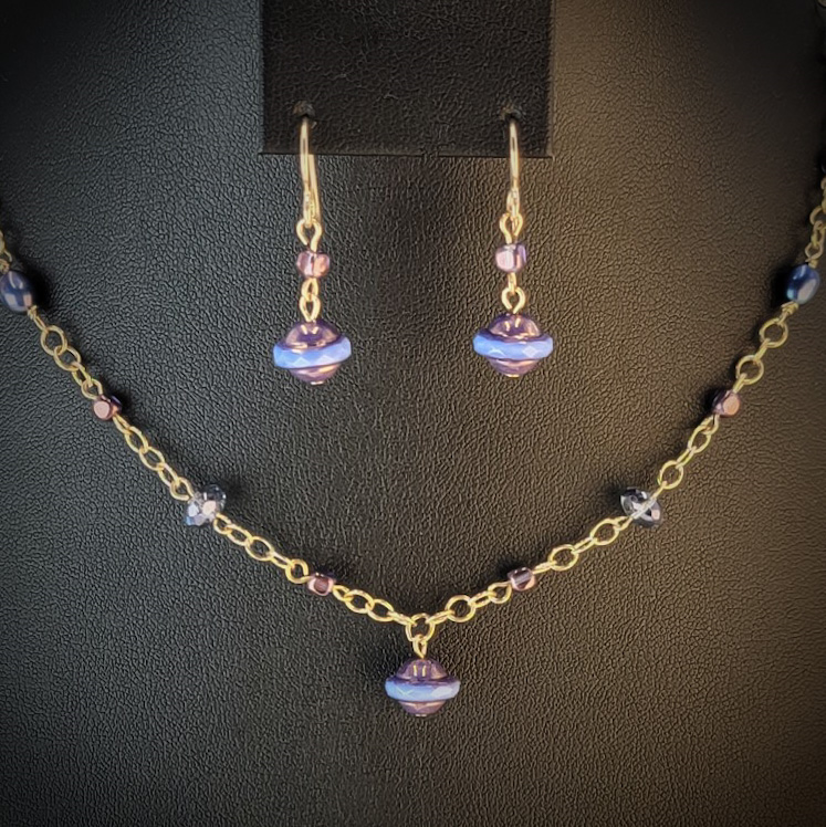 Gold Filled Chain Necklace and Earring Set, Blue Freshwater Pearls, Blue Czech Glass Saucer Beads