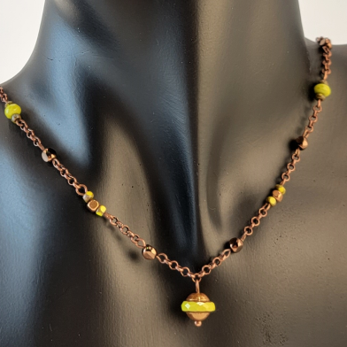 Handmade copper chain necklace and earring set with lime green Picasso glass saucer beads