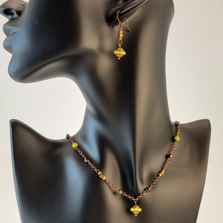Handmade copper chain necklace and earring set with lime green Picasso glass saucer beads