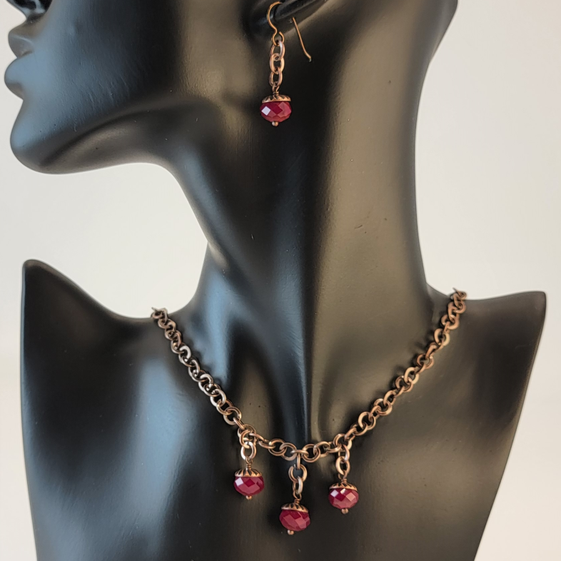 Handmade copper chain necklace and earring set with deep red Czech glass beads