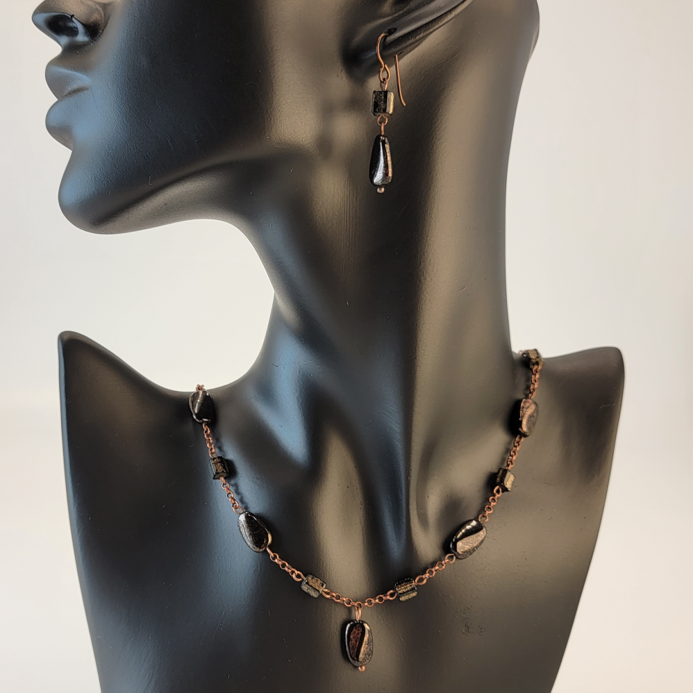 Handmade copper chain necklace and earring with copper and black Picasso glass beads
