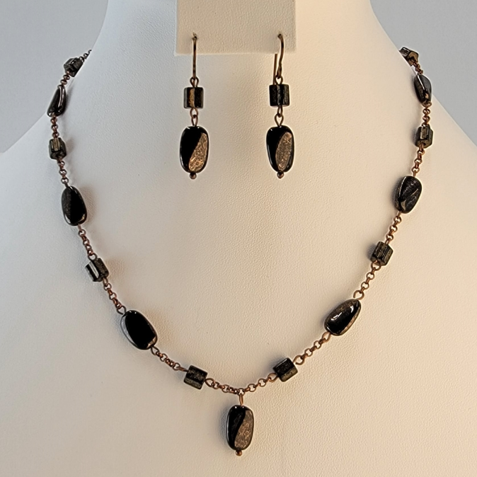 Handmade copper chain necklace and earring set with copper and black Picasso glass beads